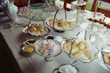 Readying the Pettit Fours and Scones Baskets with Velvet Creme, Lemon Curd, and Jam